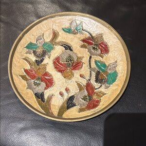 Vintage Decorative Enamel Iris Flowers on Brass Bowl Large 9" 1950s